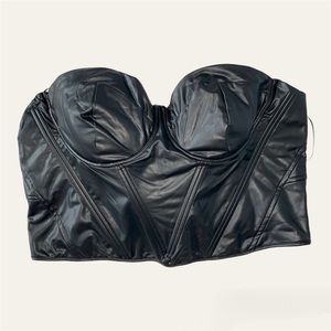 plus size black corset faux leather top with front boning and underwire